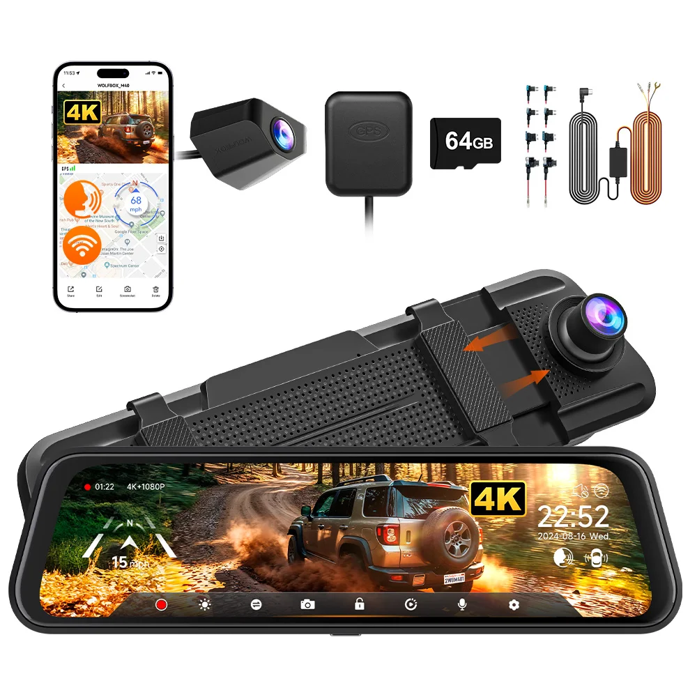WOLFBOX M40 Dashcam 4K+1080P met spraakbesturing, ADAS, ingebouwde 5GHz wifi en GPS video recorder, voor- en achtercamera