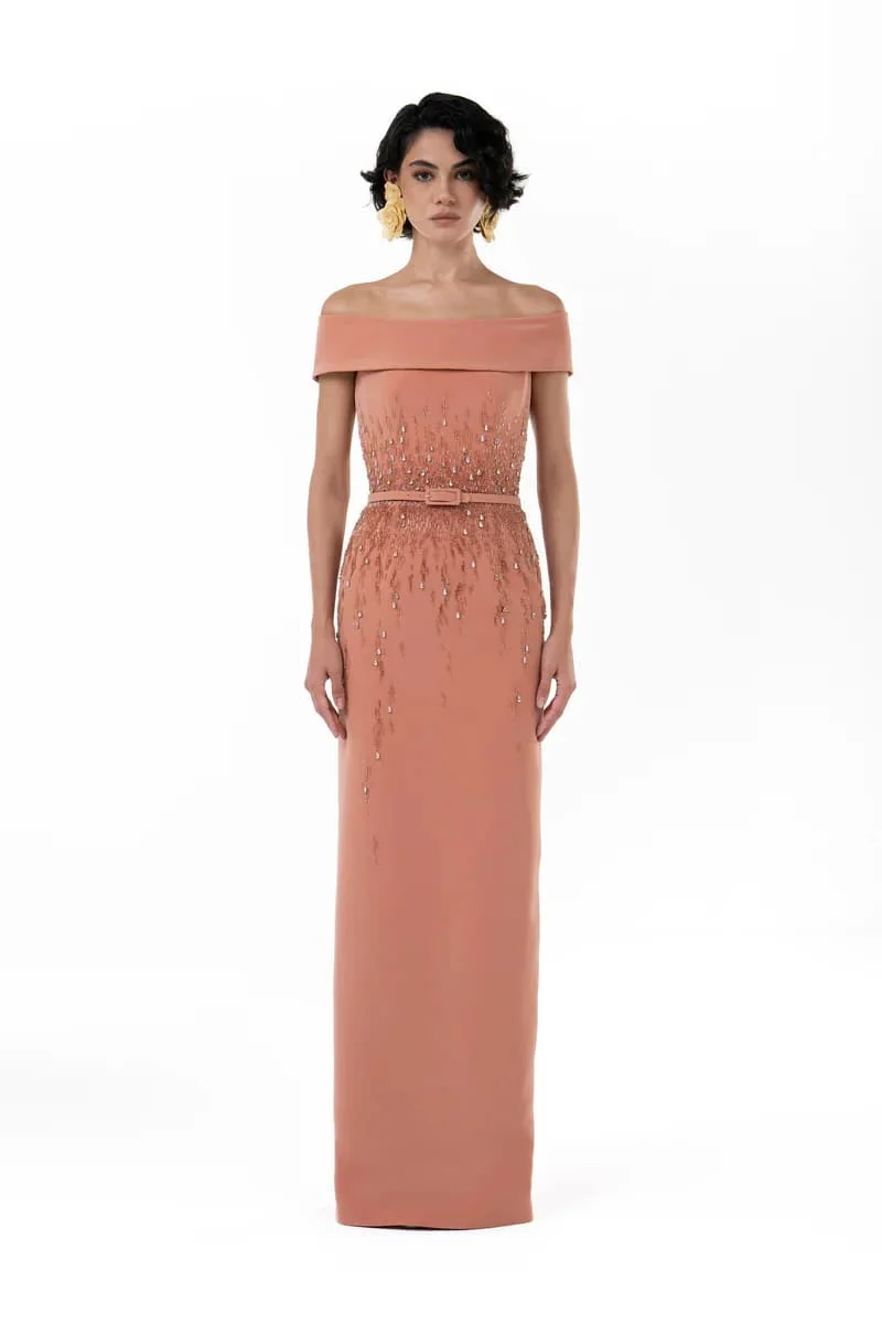 Customized Off Shoulder Sheath Evening Dress Gradient Rhinestone Embroidery Waist Belt Floor Length Formal Banquet Maxi Gown