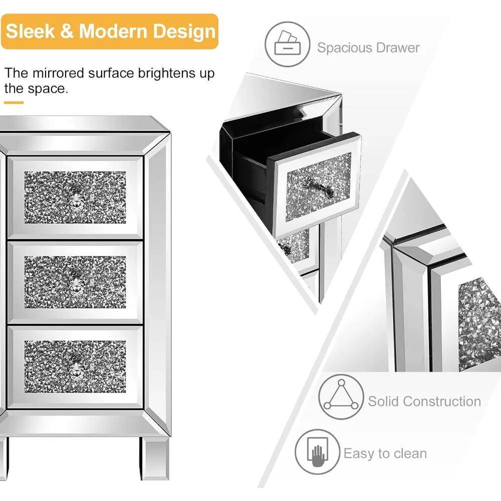 

3-Drawer Mirrored Nightstand Bedside Table Glass Accent End Table, Fully assembled, Silver