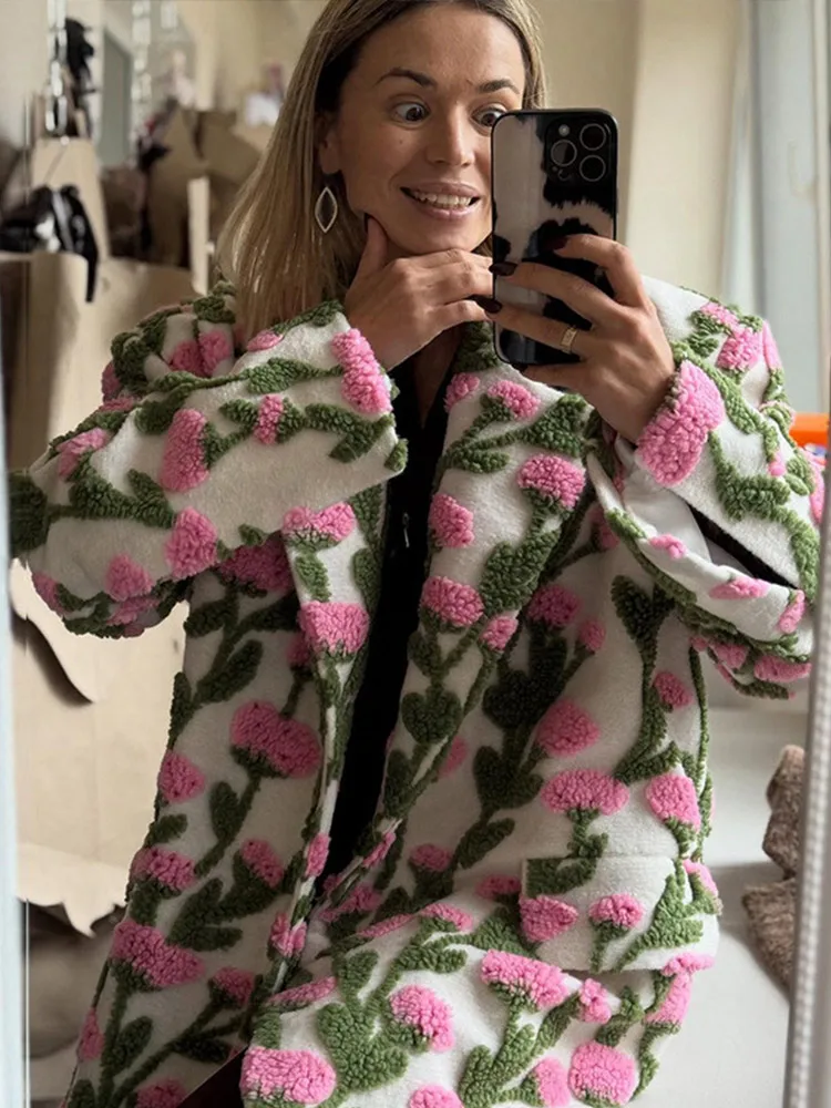 

Женское плюшевое пальто с цветочным принтом, теплое, мягкое, с длинным рукавом, шикарная весенне-осенняя одежда, уличная одежда для женщин
