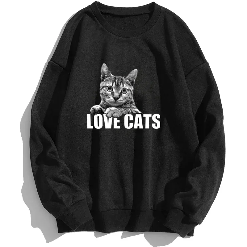 Love Cats Cat Sweatshirts Men Oversize Hoodies Kitten Streetwear Sweatshirt Black Crewneck Spring Autumn Sweaters Jumper