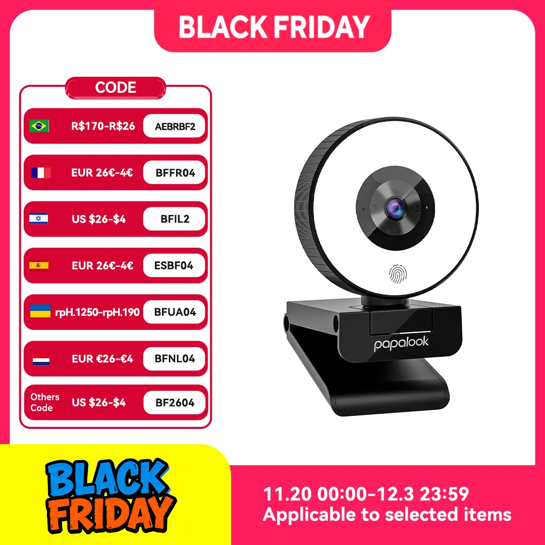 

papalook PA552 2K USB Webcam With Ring Light and Privacy Cover,1080P Full HD Web Camera with Dual Microphones For Live Streaming