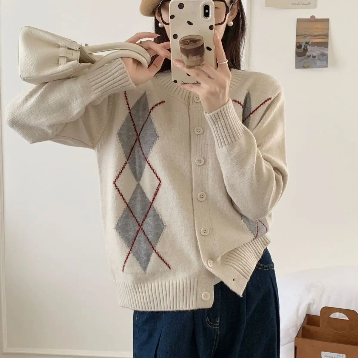 빈티지 다이아몬드 패턴 루즈 니트 스웨터 여성용 신상 라운드 넥 스위트 가디건 탑 리본 디테일 작은 사이즈 편안한 소프트 코트