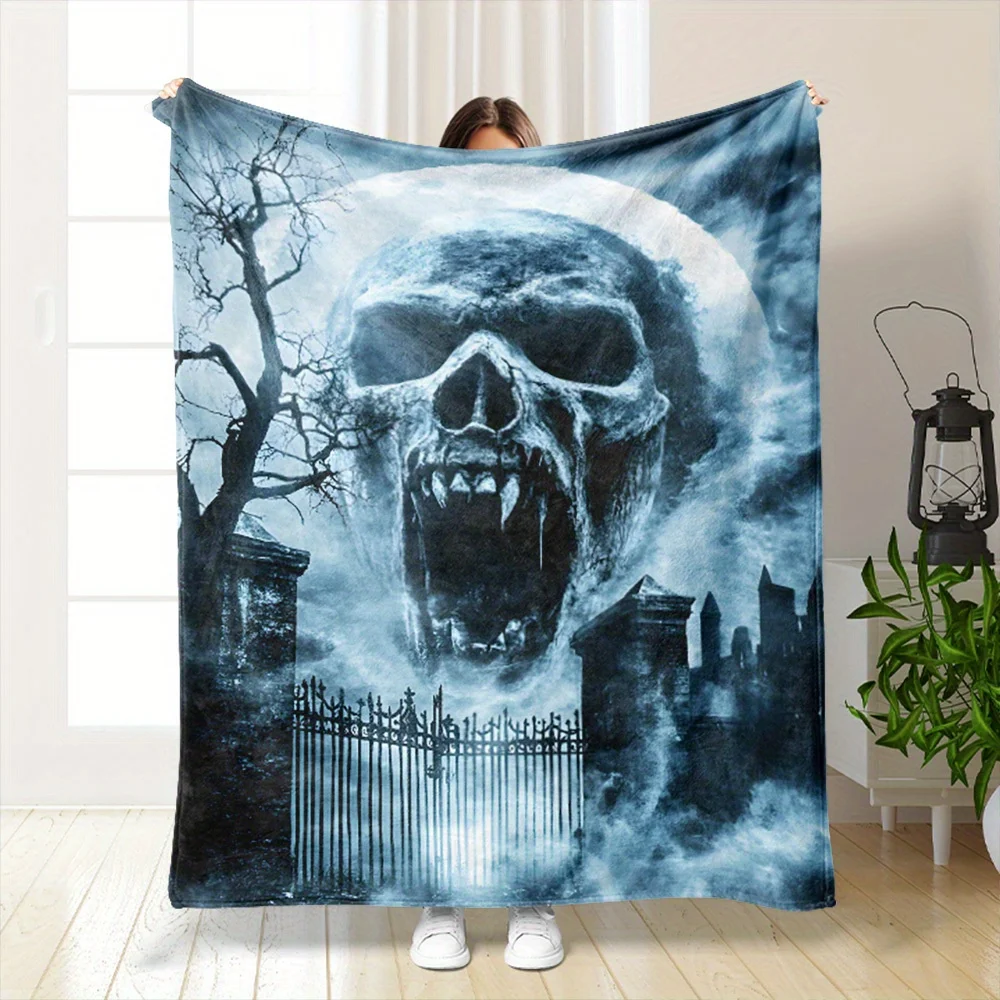 Horror Skull Graveyard Flannel Throw Blanket Spooky Moon Dark Cemetery Print Soft Blanket for Sofa Bed Halloween Home Decor Gift