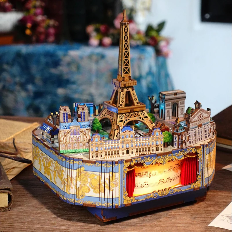 DIY 3D Wooden Music Box Miniature Model Kits Paris Street View Eiffel Tower Jigsaw Puzzles With Light Can Move for Friends Gifts