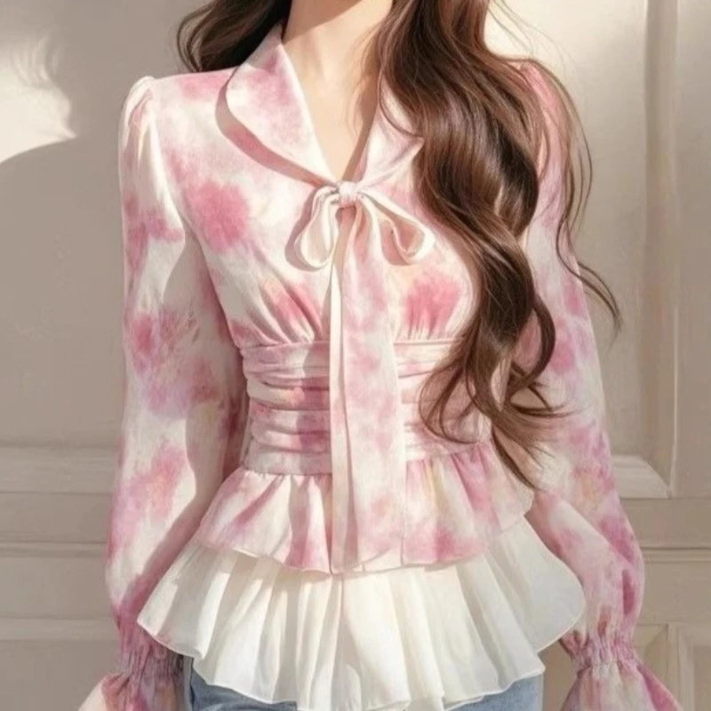 

Elegant Design Shirts Bow Flare Sleeve Tie Dye Ruffles Patchwork Pleated Blouses Spring Slim Waist Women's Clothing TT1028