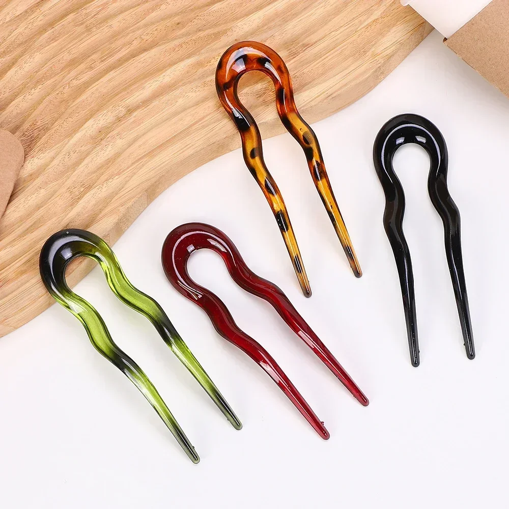 Vintage U-Shaped Twist Hair Fork Stick Hair Clip for Women Girls Acetate Wavy Leopard Hairpin Bun Pin Headwear Hair Accessories