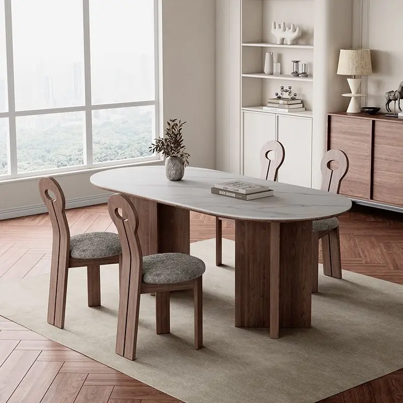 French vintage slate dining table oval ash wabi-sabi style home small apartment Italian mocha solid wood dining table