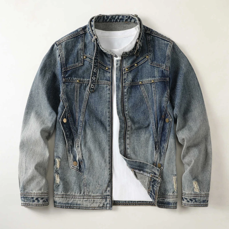 

Men Stand Collar Loose Casual Gradient Splice Washed Denim Rivet Punk Rock Motorcycle Jacket Cityboy Plus Size Jeans Coat