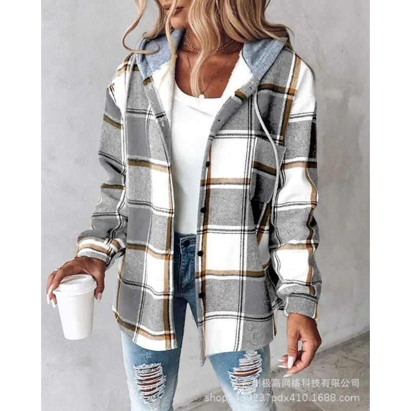 2024 New Autumn Winter New Fashion Women's Clothing Solid Color Plaid Hooded Jacket Casual