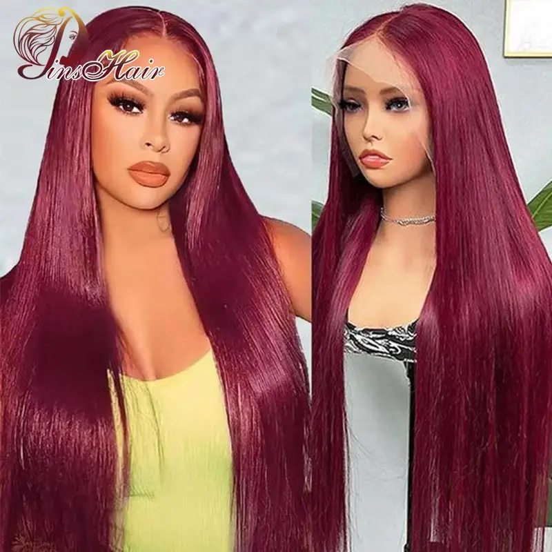 

99J Burgundy Red 13x6 Lace Front Human Hair Wigs Glueless Colored Straight 13x4 HD Lace Frontal Closure Wigs 30 32 Inch Red Wig