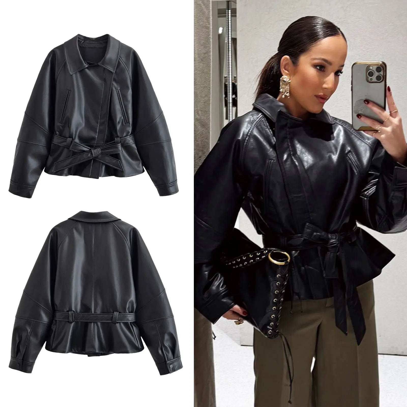 

HH 2025 женский уличный модный плащ из искусственной кожи с лацканами на молнии с поясом, однотонная осенняя мотоциклетная винтажная куртка с длинными рукавами