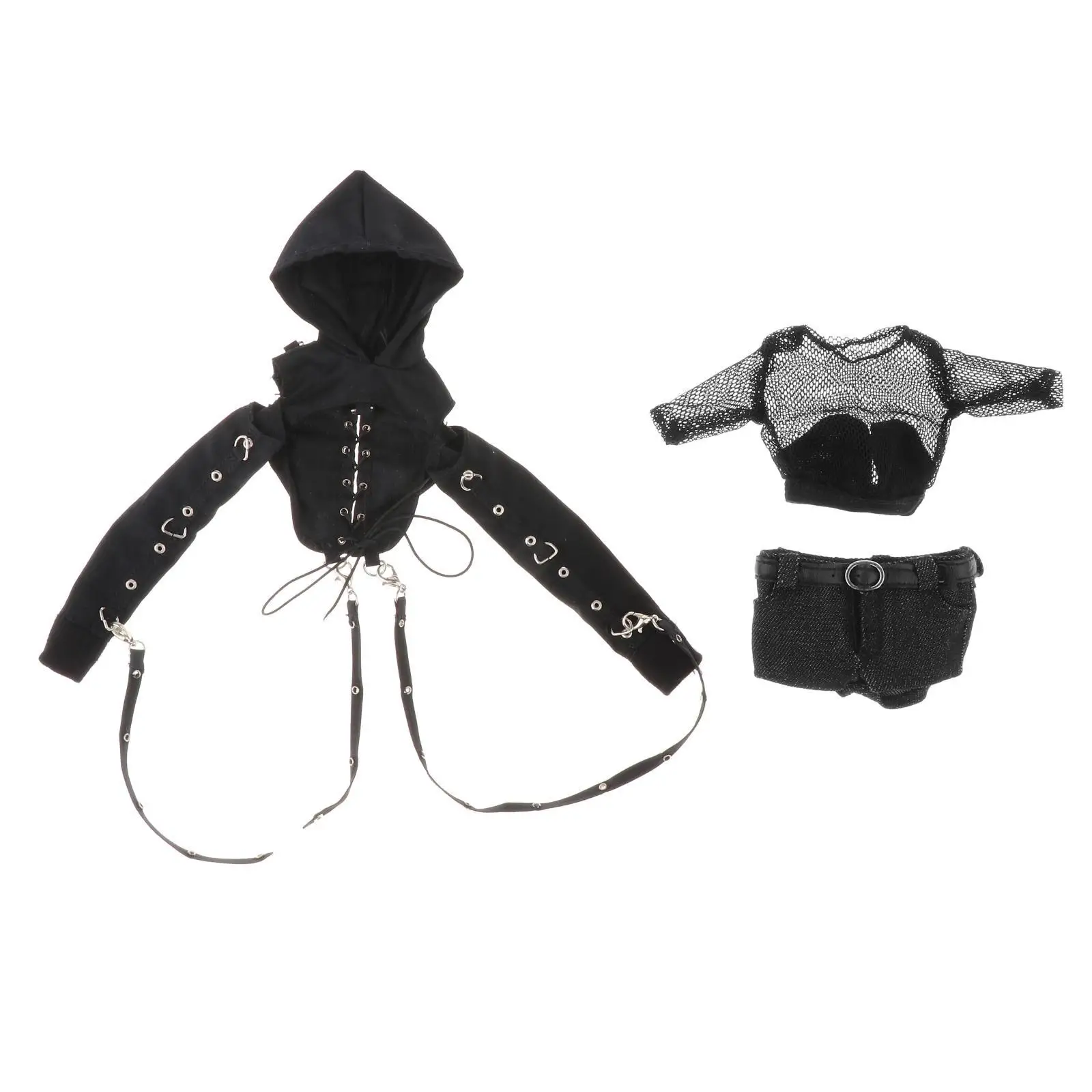 1/6 Female Action Figure Outfit for 12 Inch Soldier Model Black Lace Hollow Top Hooded Jacket Denim Shorts Belt Set