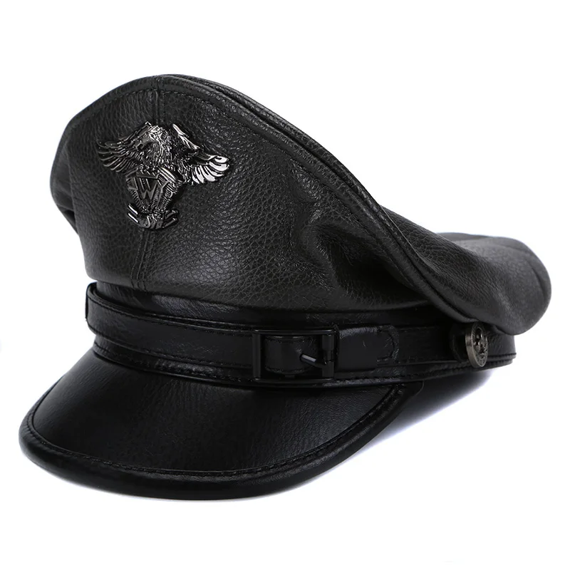 New Retro German Military Caps For Men Male Genuine Leather Flat Top Hats European American Captain Locomotive Chapeau