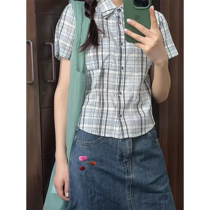 Vintage Cropped Plaid Shirts Women Y2K Japanese Pocket Short Sleeve Blouses Summer Harajuku Korean Slim All Match Chic Tops New