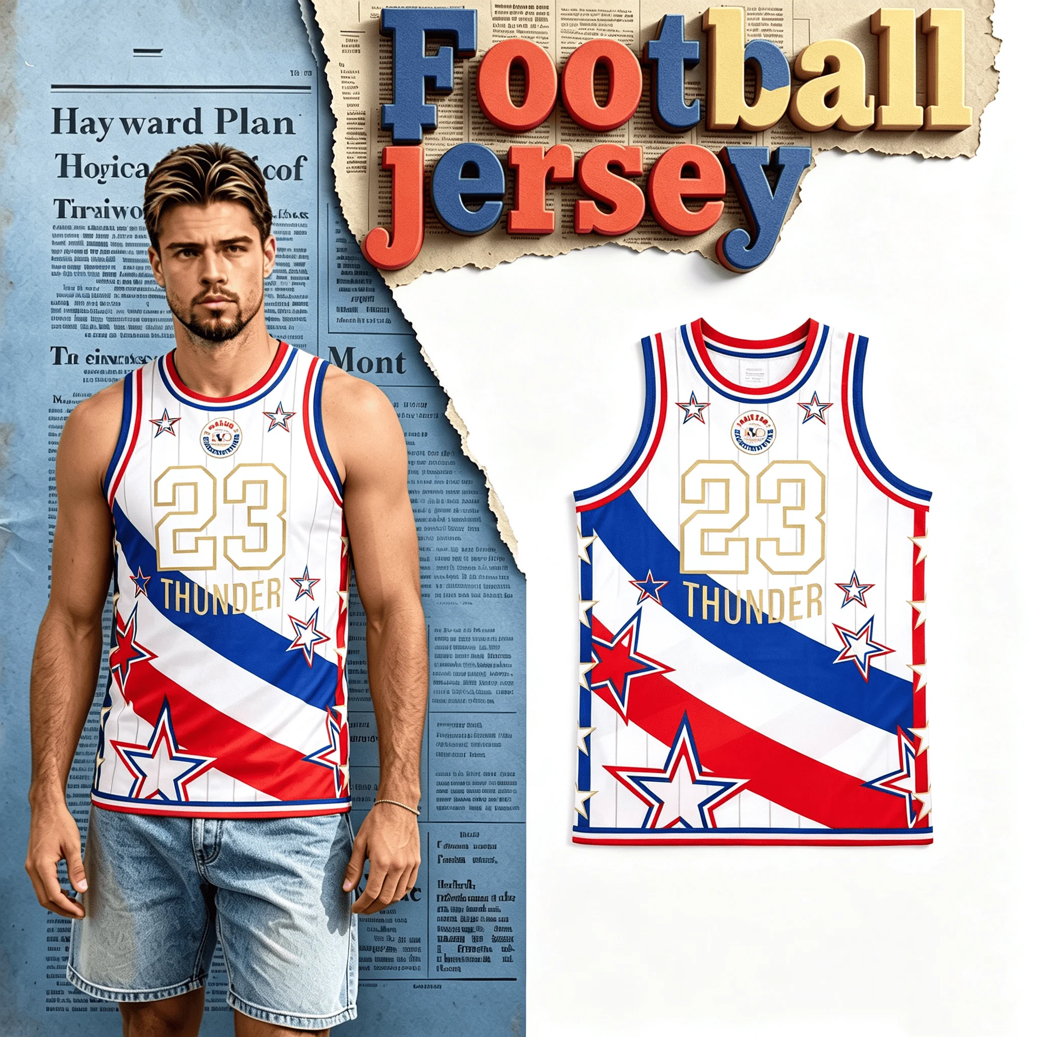 Harlem Globetrotters' Thunder'# 23 Basketball Suit White and Red_Blue Star Printed Breathable Home Mesh Family Kids Tees Fashion