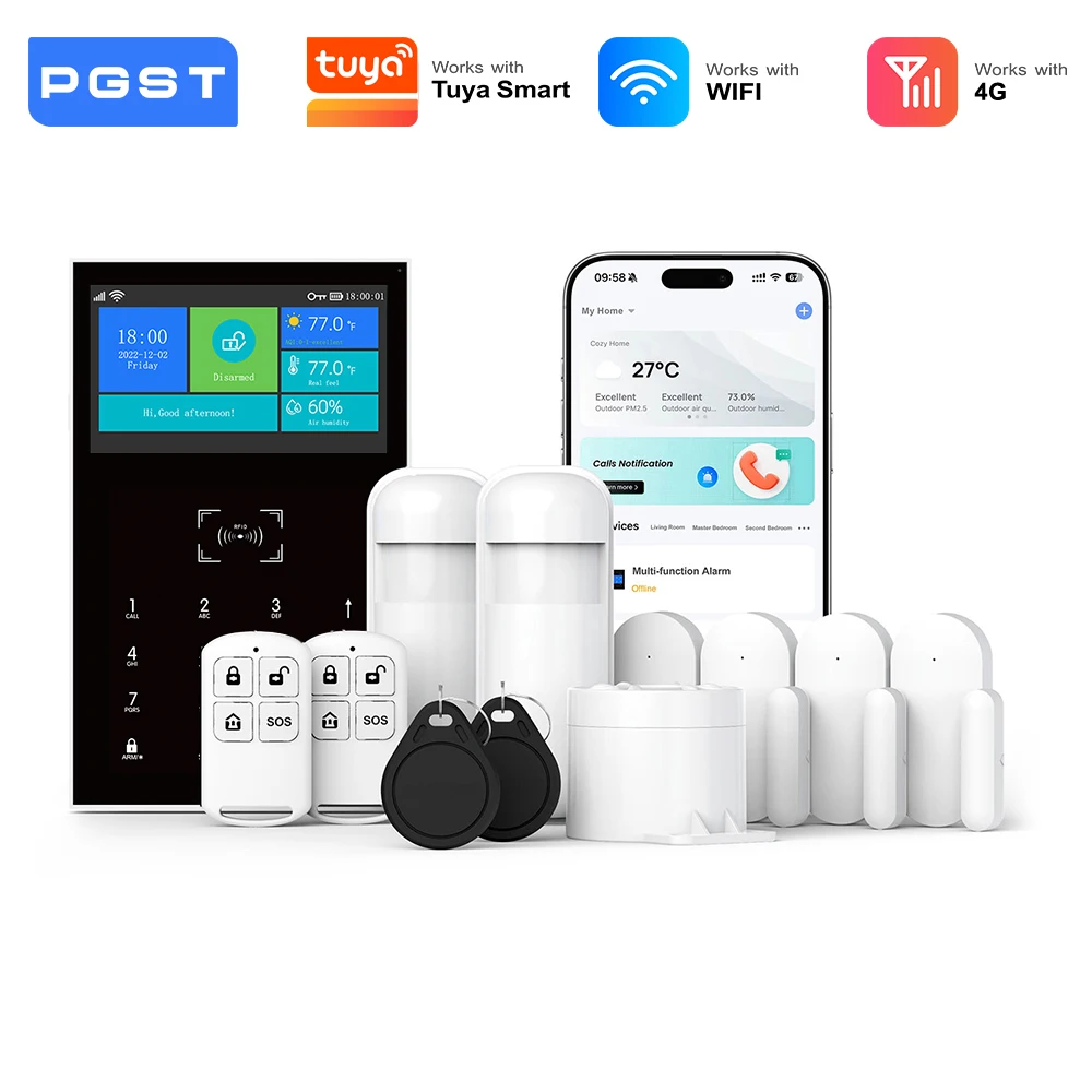 

PGST 2.4G WiFi 4G Home Alarm System Security Protection Alarm Security System Works with Tuya Smart Life Motion Door Sensor
