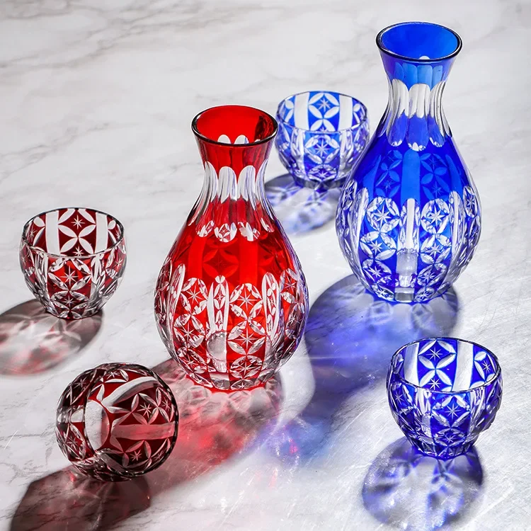

Japanese Edo Kiriko Sake Set Carved Glass Sake Cup and Decanter Luxury Sakeware
