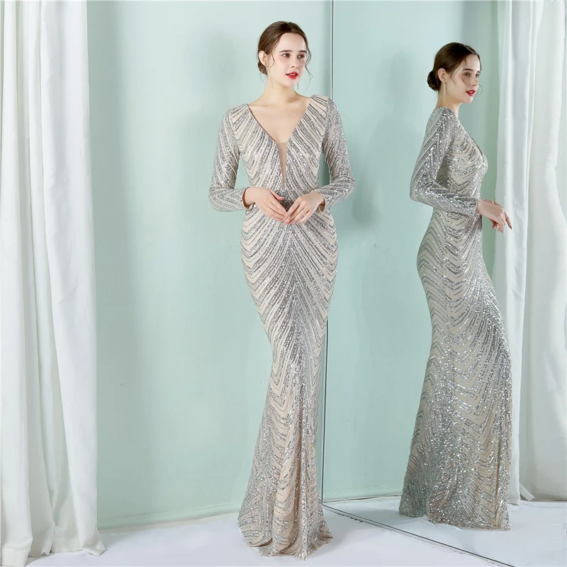 

Female paillettes Vestido de festa Elegant Sexy Deep V Neck Long sleeve Sequin Floor Length Prom Cocktail Maxi Mermaid dress