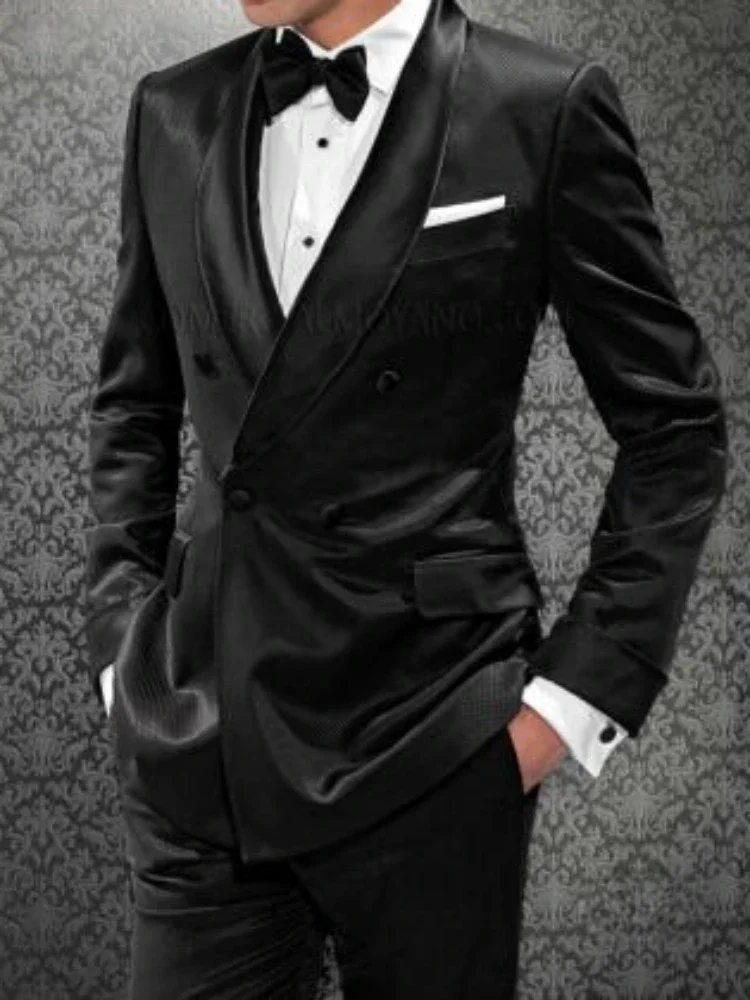 

Italian Black Satin Men Suit Formal Double Breasted Wedding Suits For Men Slim Fit 2 Piece Tuxedo Custom Blazer Terno Masculino