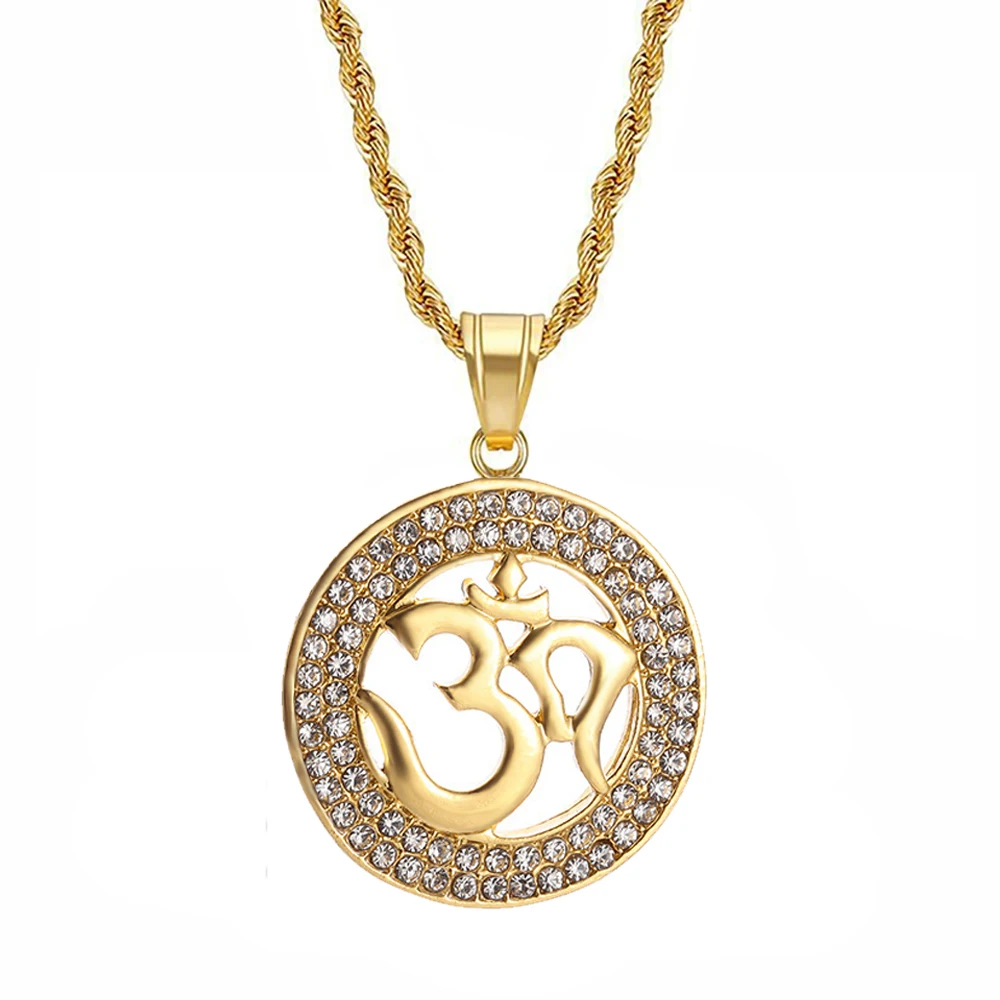 Hip Hop Iced Out Yoga Pendant Necklaces Gold Color Stainless Steel OHM Hindu Buddhist AUM OM Necklace For Men Women Jewelry Gift