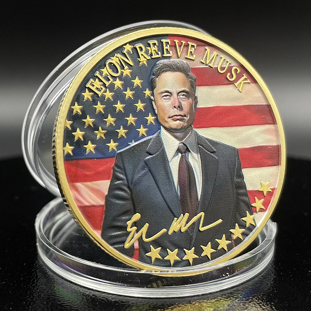 Elon Musk Gold Challenge Coin Stars and Stripes Background Great Person Coins Collectibles American Souvenir Commemorative Medal