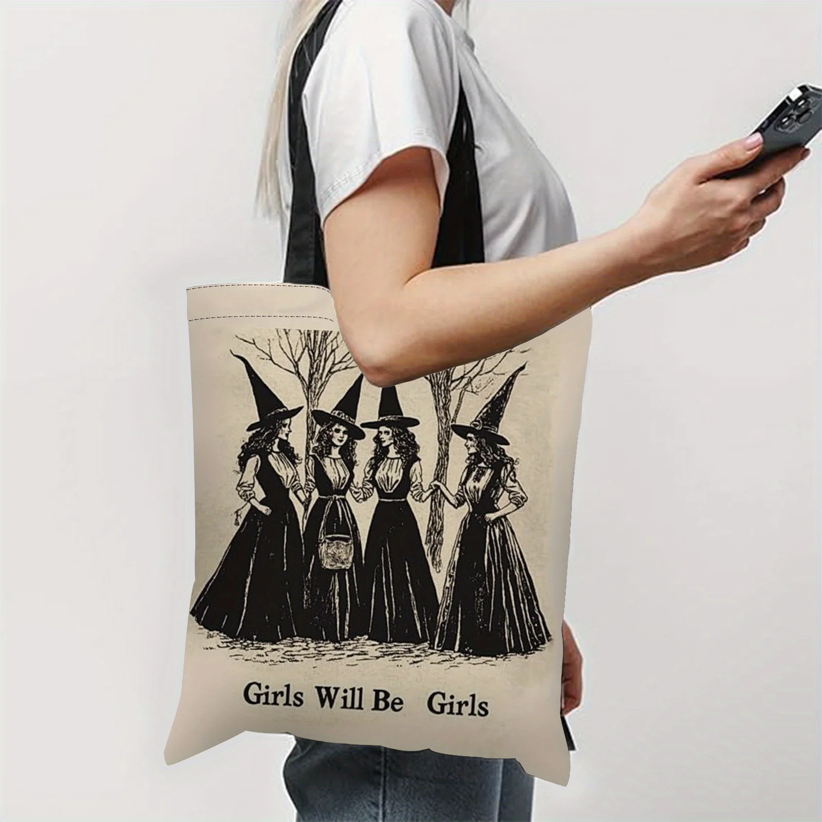 Vintage Witch Tote Bag - Gothic Halloween Shopping Bag with 