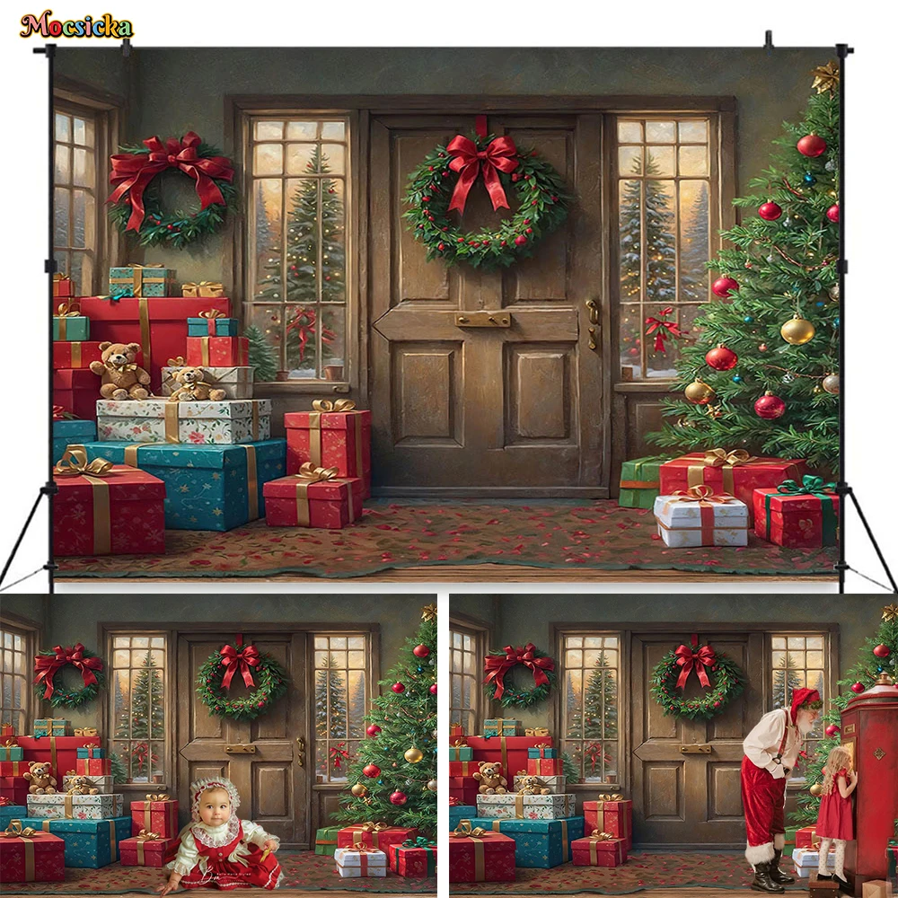 

Santa Claus Toys Gifts House Background Photography Rustic Wooden Door Window Christmas Tree Wreath Backdrop Kids Winter Photo