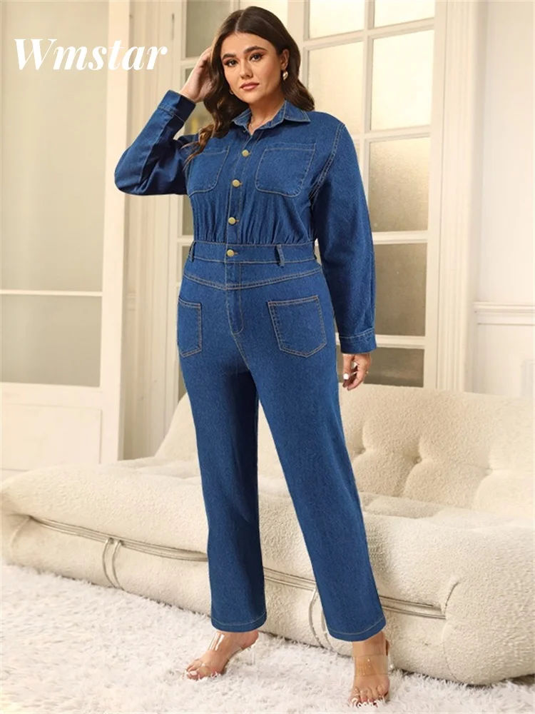 Wmstar Jumpsuit Women Denim Pants Bodycon Pockets Casual Cool Button Fashion Street Wear Romper Wholesale Dropshipping New Style