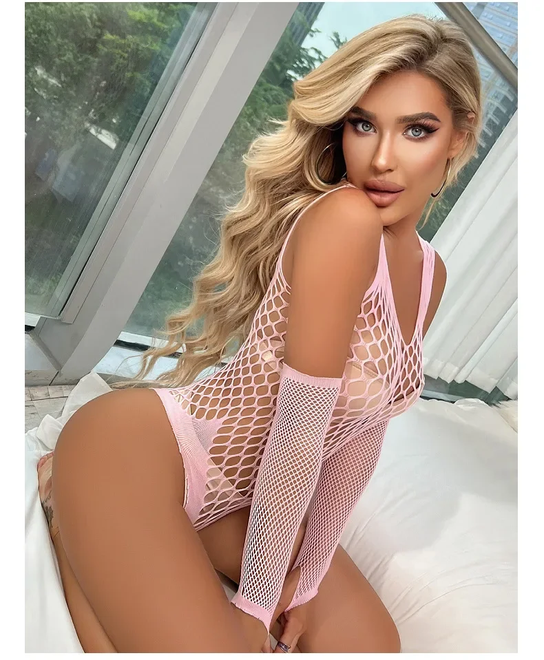 여성용 망사 란제리 바디수트, 속이 비치는 원피스 란제리 속옷 세트 (장갑 포함)