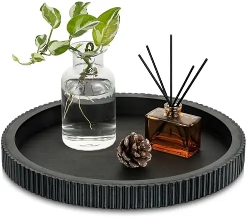 

Hanobe 12" Black Wood Tray – Modern Farmhouse Decor for Coffee Table & Kitchen Island – Round Centerpiece