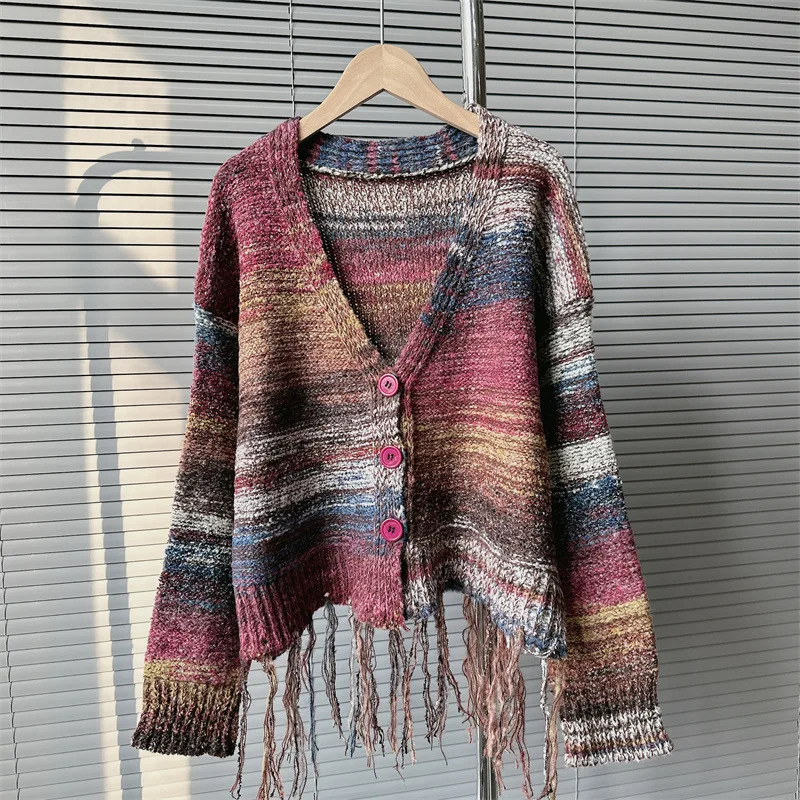 

Retro Striped V-neck Tassel Knit Sweater Cardigan Women Autumn and Winter New Lazy Unique Top Super Nice Sweater Coat