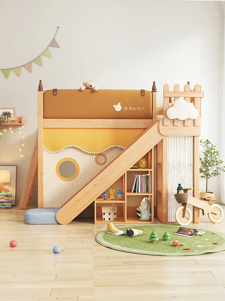 Upper and lower bunk beds Solid wood children's high and low bed Slide bed Tree house half-height bed