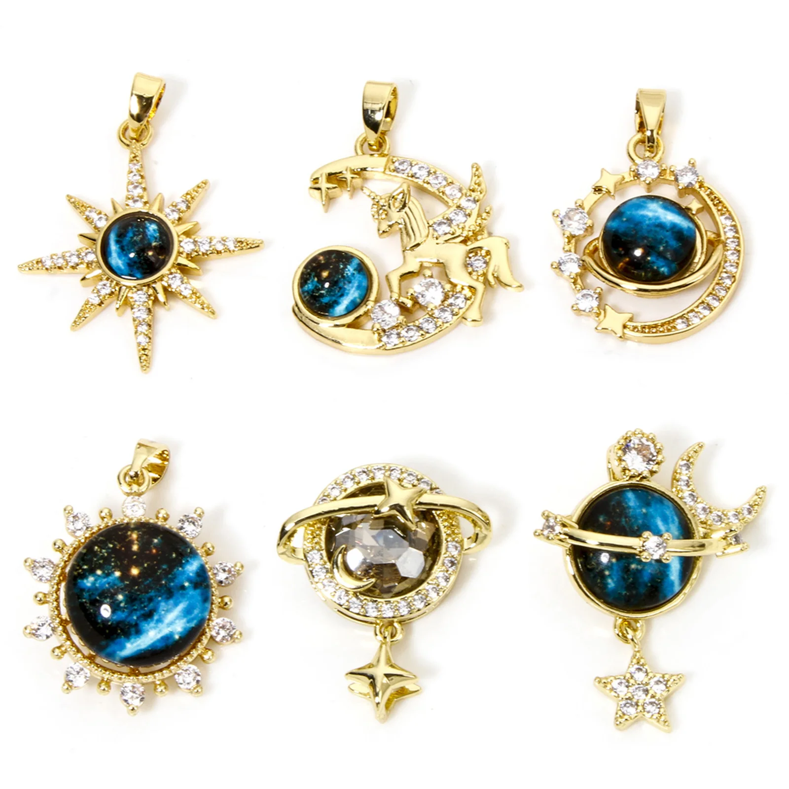 1pc Brass Charms Gold Color Galaxy Sun Moon Multicolor Glass Cabochons Pendant DIY Necklace For Women Party Jewelry Findings