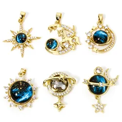 1pc Brass Charms Gold Color Galaxy Sun Moon Multicolor Glass Cabochons Pendant DIY Necklace For Women Party Jewelry Findings