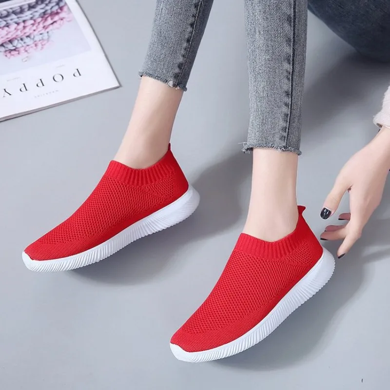 Knitted Sneakers for Women 2022 Autumn Slip on Breathable Mesh Casual Shoes Woman Flat Heels Plus Size Loafers