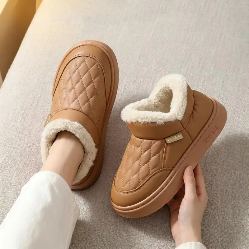 Women Waterproof Pu Leather Thick Bottom Snow Boots Winter 2026 Plus Size Warm Plush Ankle Boots Women Comfort Home Cotton Shoes