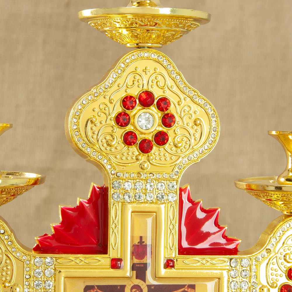 HTISOK Orthodoxer Kreuz-Kerzenhalter, Jesus-Kruzifix mit roter Emaille, vergoldeter Kreuz-Kerzenhalter für Kirchenandacht und Familiengebet – Detail 8