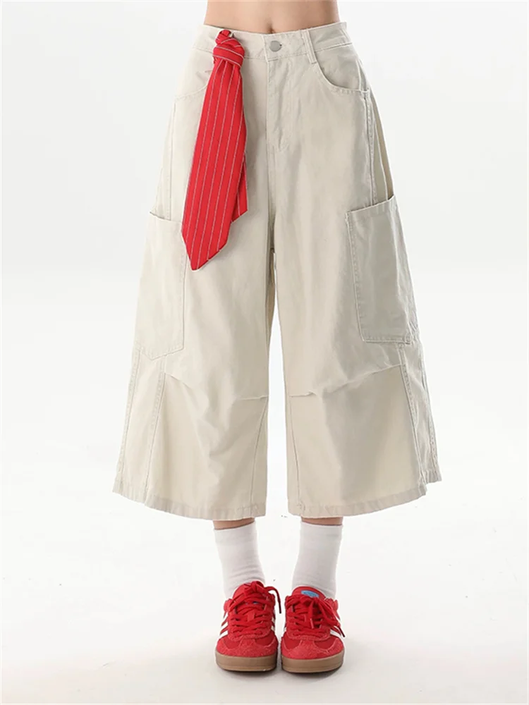 

Винтажные шорты-карго с множеством карманов и завязками для женщин, летние, новые, с широкими штанинами, укороченные, в трендовом стиле