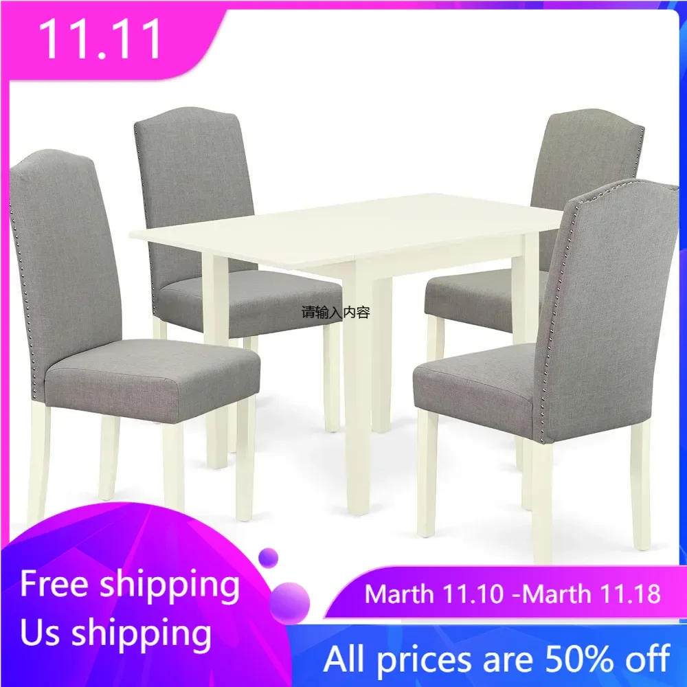 

5-piece set of 4-person dining table, including a rectangular table with hanging leaves and 4 dark linen fabric cushioned chairs