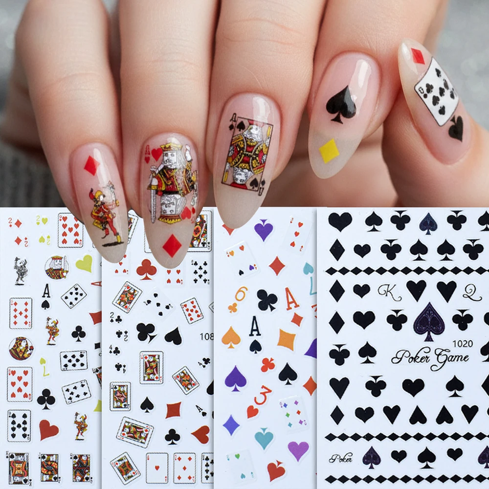2/4pcs Funny Poker Cards 3D Nail Art Stickers Heart Spades Clubs DIY Nail Decals Creative Nail Art Decorations Designs Sliders