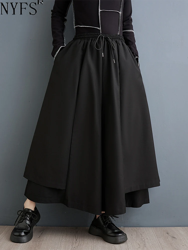 

NYFS 2024 Spring New Office Lady Woman Double Layer Wide Leg Pants Skirt Loose Plus Size Black Elastic Waist Trousers