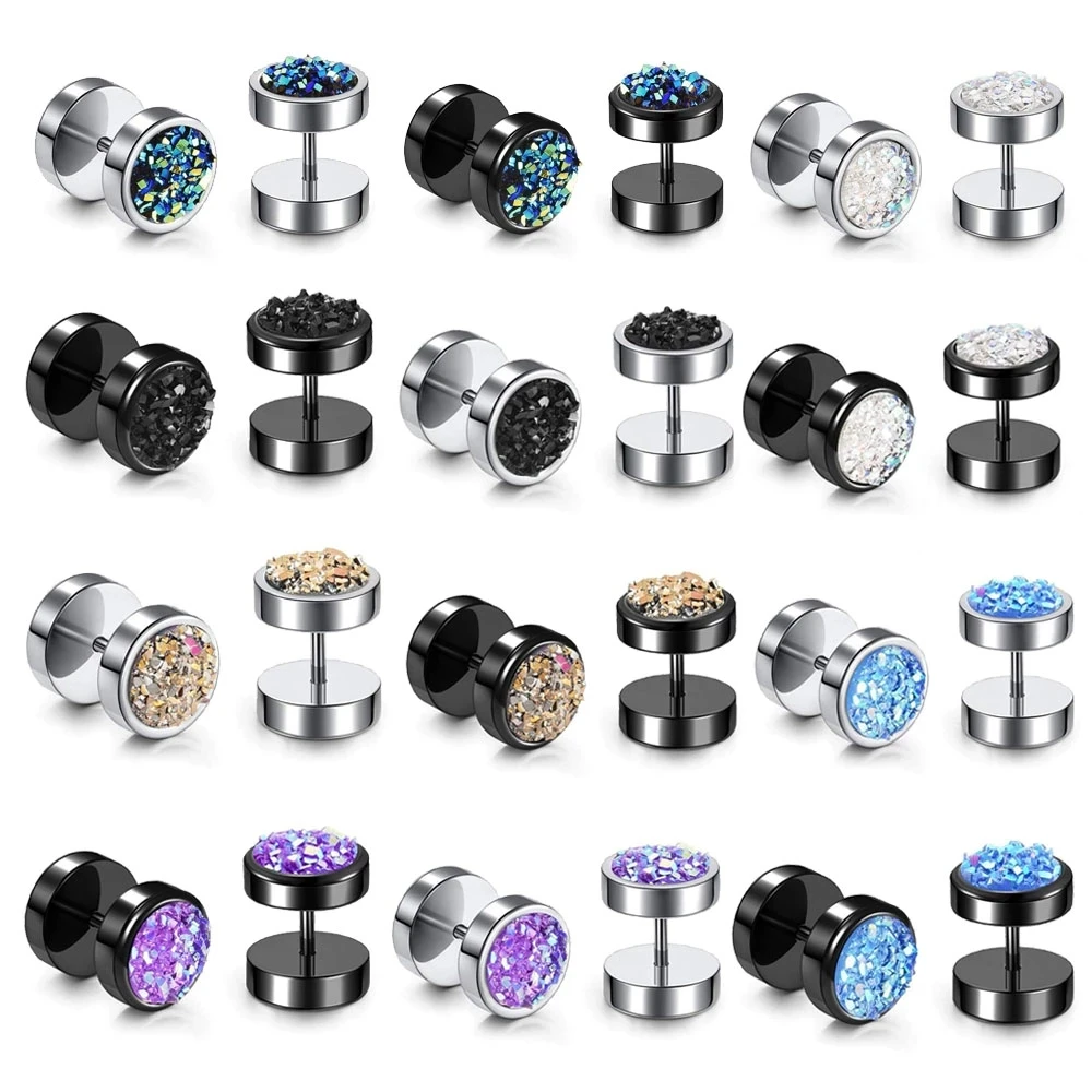 2pcs/pair Stainless Steel Punk Double Sided Round Ore Crystal Dumbbells Barbell Ear Stud Earrings Piercing Jewelry for Men Women