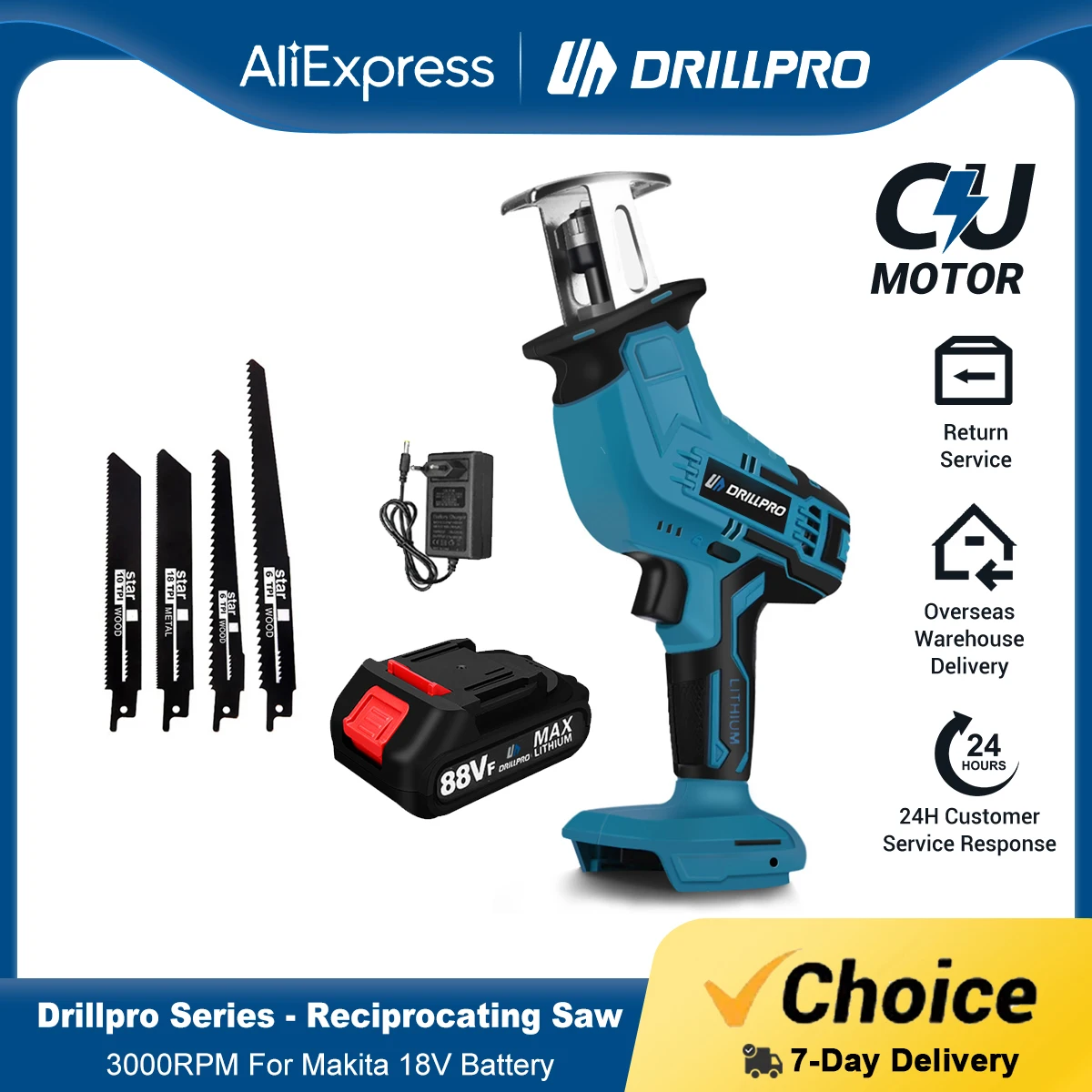 Drillpro 18V Reciprocating Saw Cordless Chainsaw Wood Metal PVC Pipe Cutting Tools With 4 Blades Power Tool For Battery