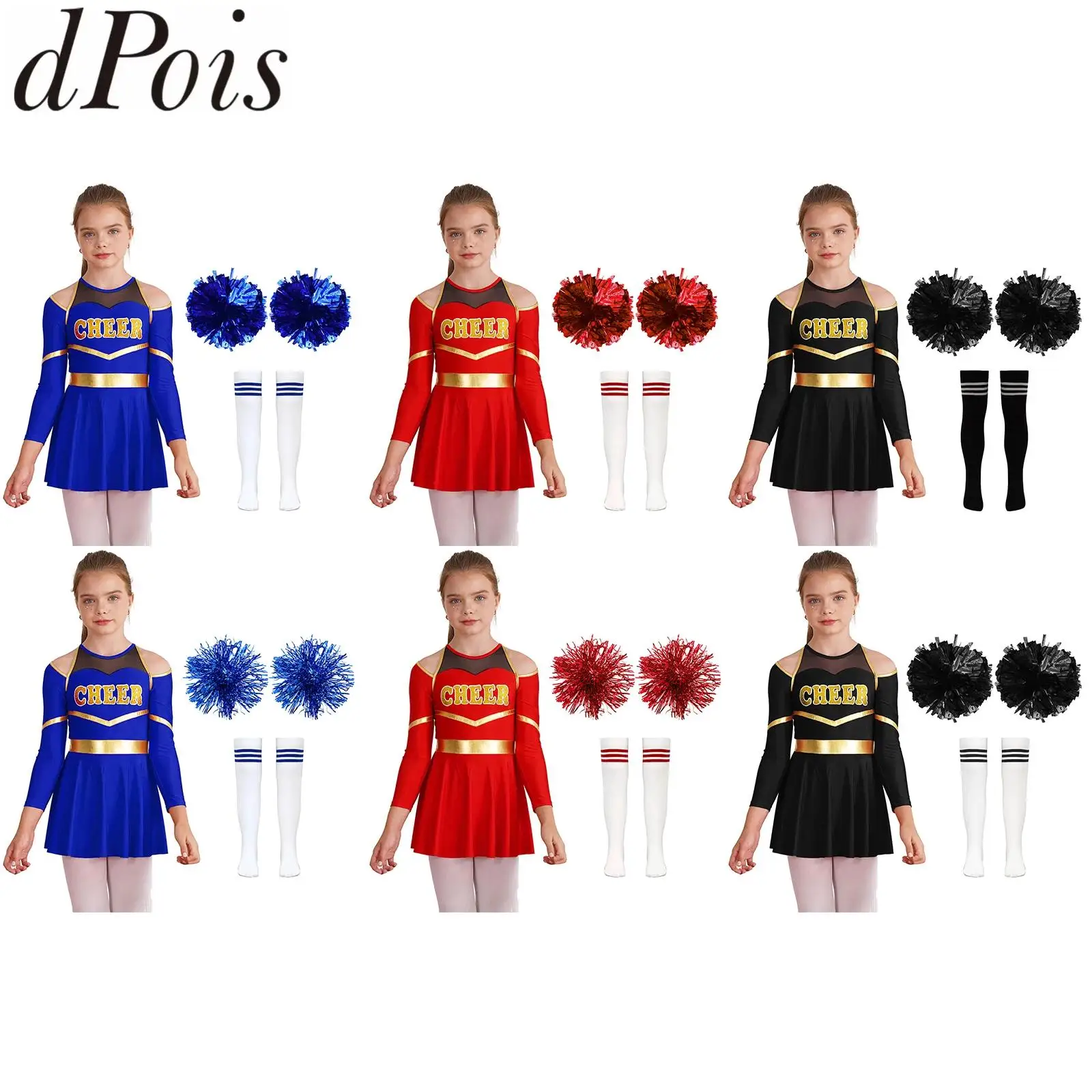 

Kids Girls Cheerleading Cheer Dance Costume Cheerleader Dancing Outfits Long Sleeve Dress with Flower Balls Socks Halloween Sets