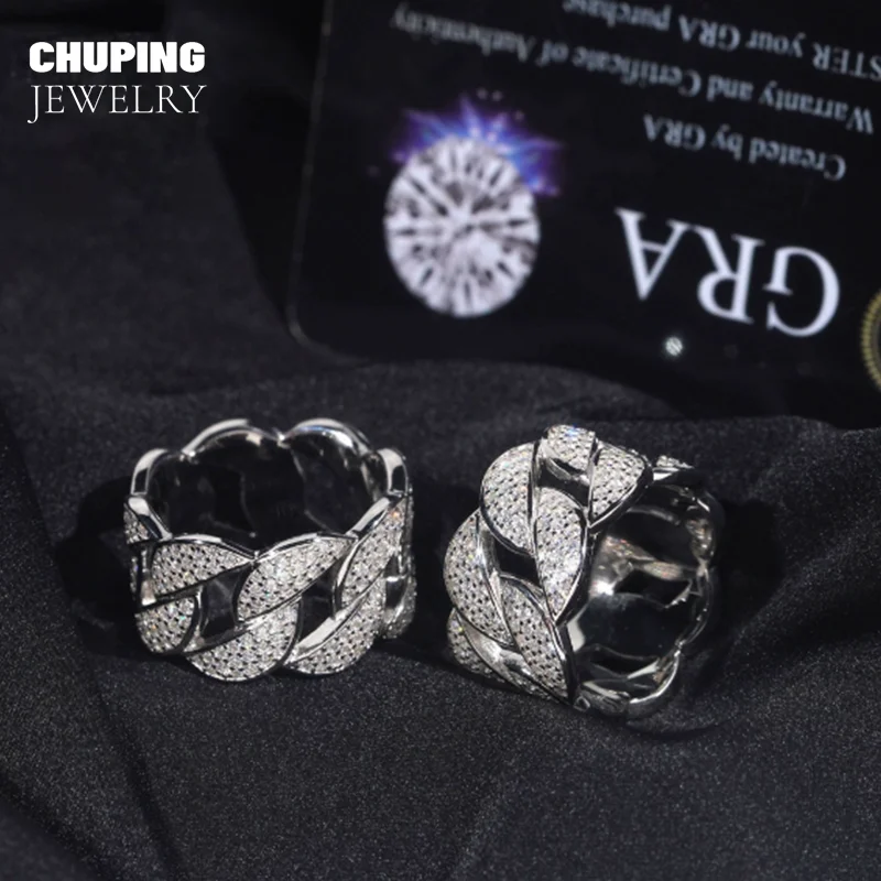 

ChuPing Hip Hop 925 Silver Ring Set With Moissanite And Cuban Link Design Three Row Full-diamond Cuban-style Men's Personal