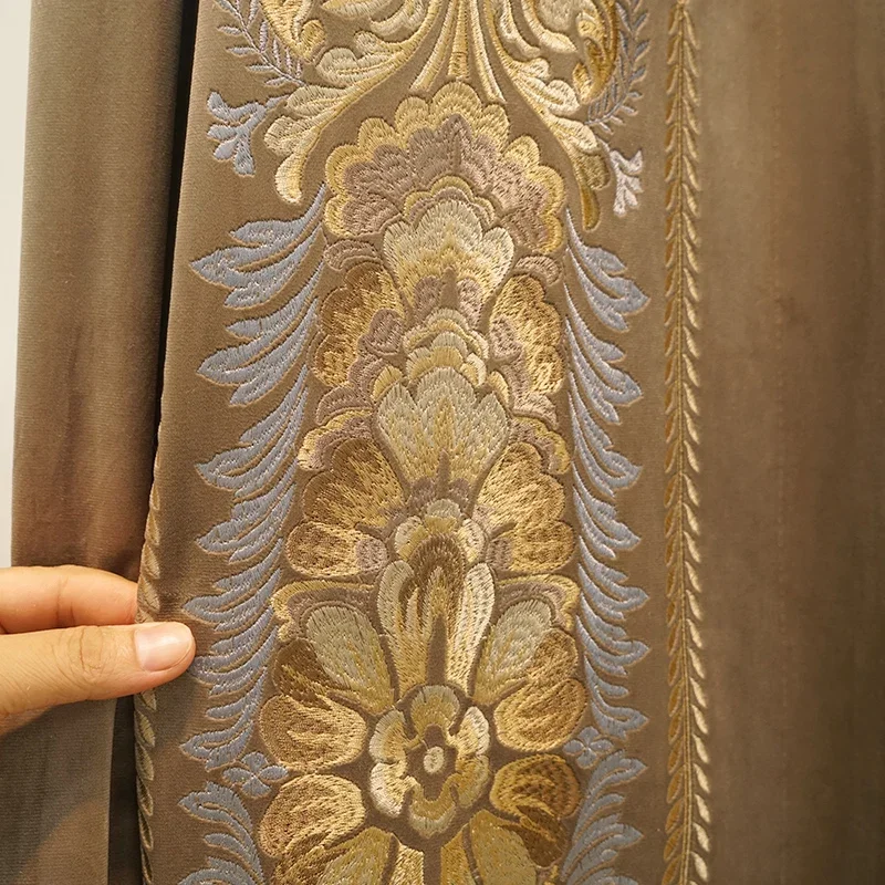 Coffee American Curtains Embroidered Flowers Velvet Curtains for Living Dining Room Bedroom Light Luxury Blackout Customise