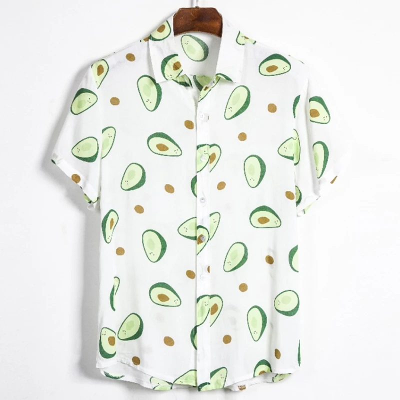 

High Quality Breathable Avocado Print Plus Size Hawaiian Shirt Men's Summer Fluorescent Camisa Masculina Casual