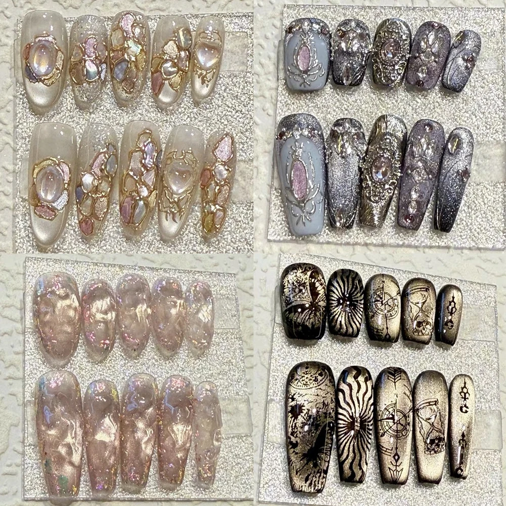 

10Pcs Short Square Round Handmade Press On Nails Maillard Rhinestone Pearl Cat Eyes Flowers Detachable Nails Party Stickers