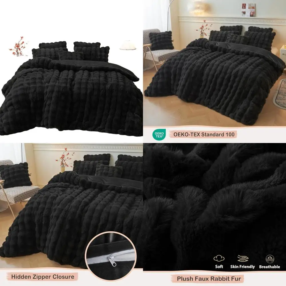 

Набор пододеяльников из плюшевого меха кролика размера «queen-size» с 2 наволочками, черное, мягкое лохматое постельное белье для домашнего декора